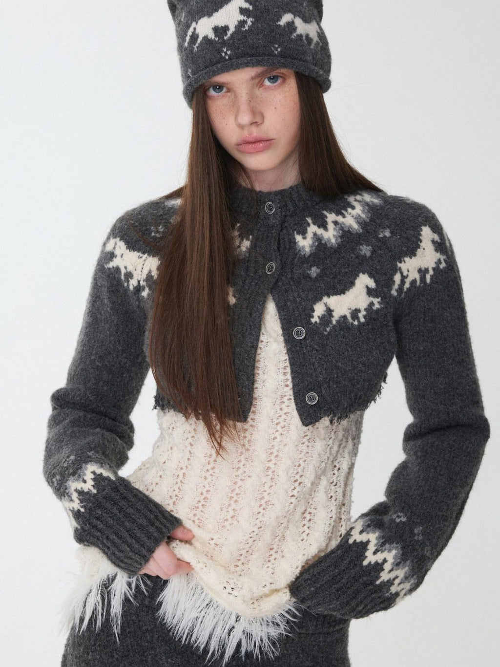 Pony Jacquard Knit Short Cardigan High Waist Women's Casual Top & Shorts Sets