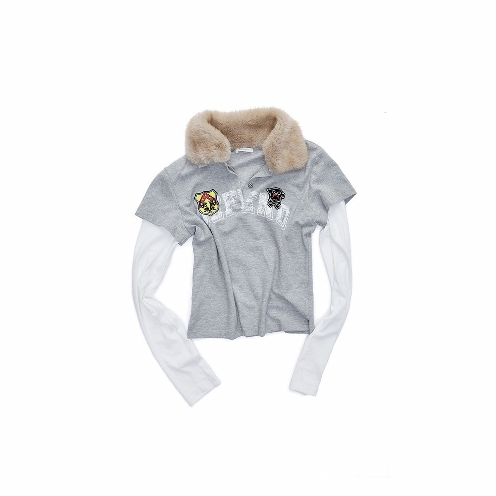Rabbit Fur Collar Faux Layered Badge Print Women's Cotton Long Sleeve T-shirts