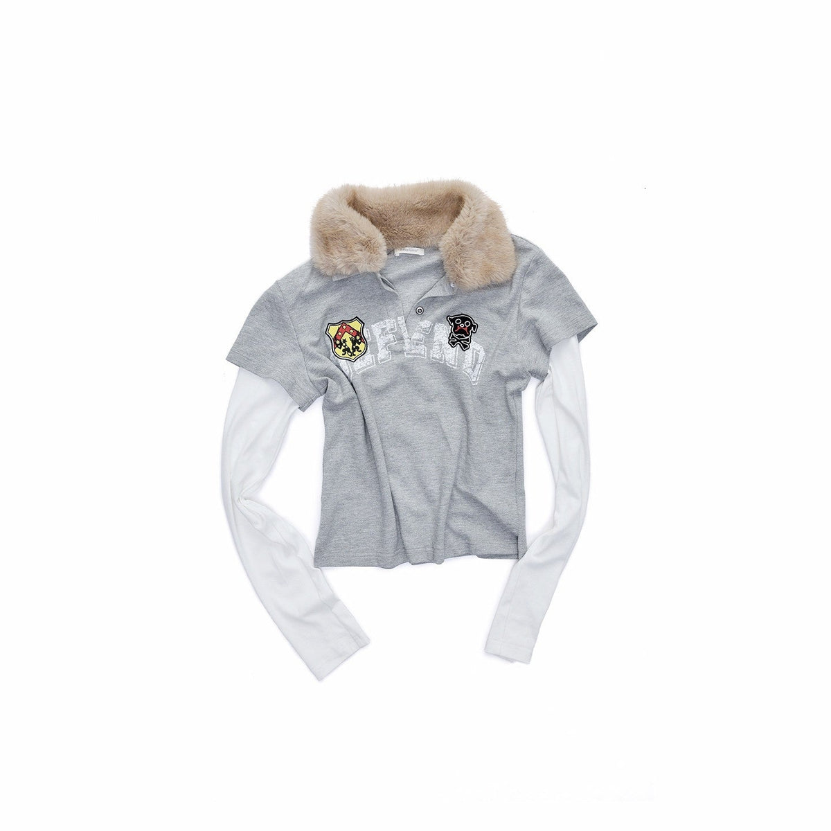 Rabbit Fur Collar Faux Layered Badge Print Women's Cotton Long Sleeve T-shirts
