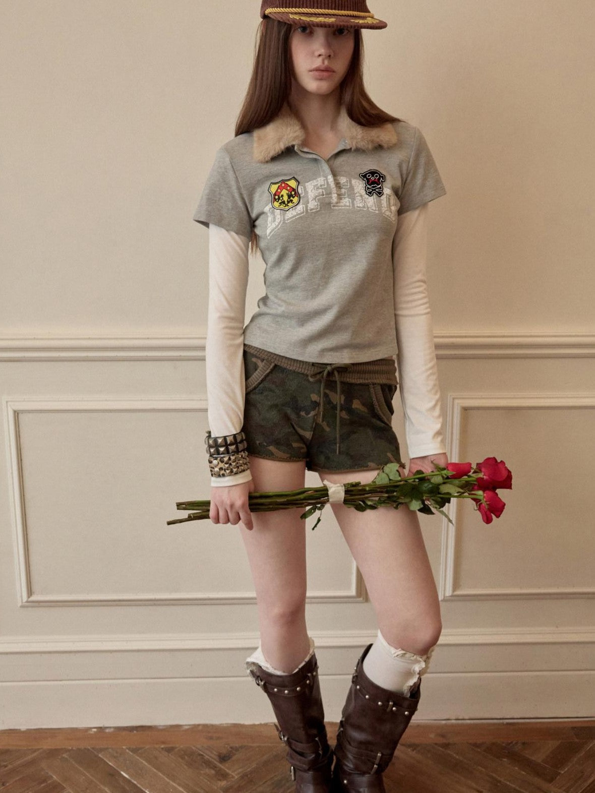 Rabbit Fur Collar Faux Layered Badge Print Women's Cotton Long Sleeve T-shirts