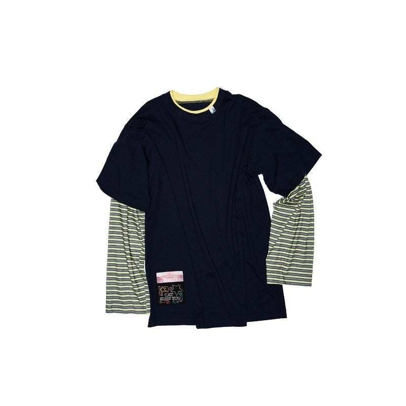 Relaxed Contrast Striped Faux Layered Long Sleeve Women's Oversized T-shirts