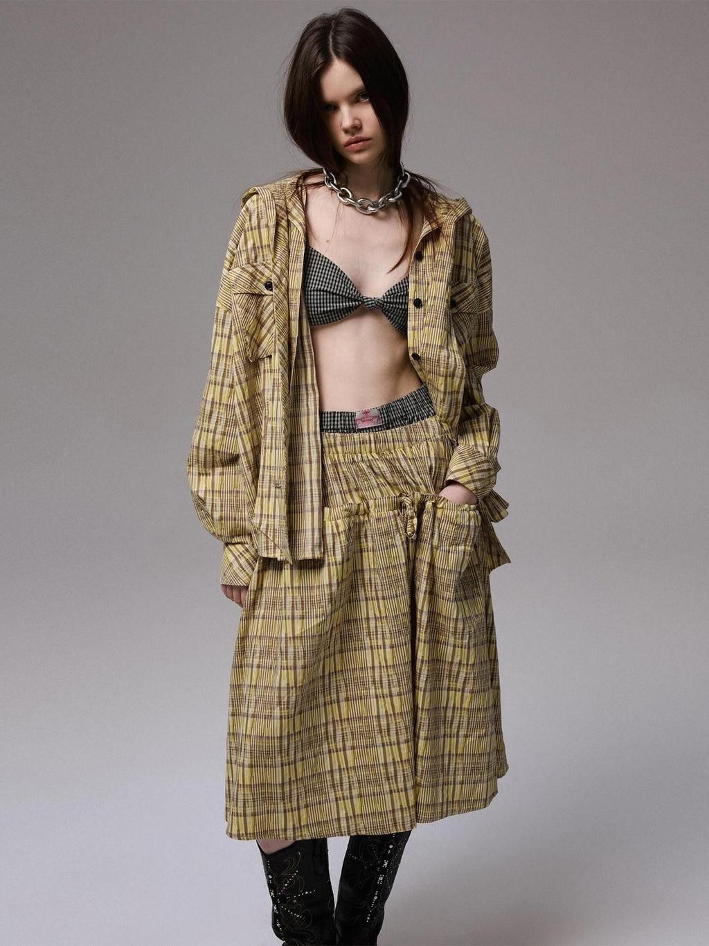 Retro Colorblock Plaid Knotted Asymmetric Double Cross Wireless Women's Bikinis
