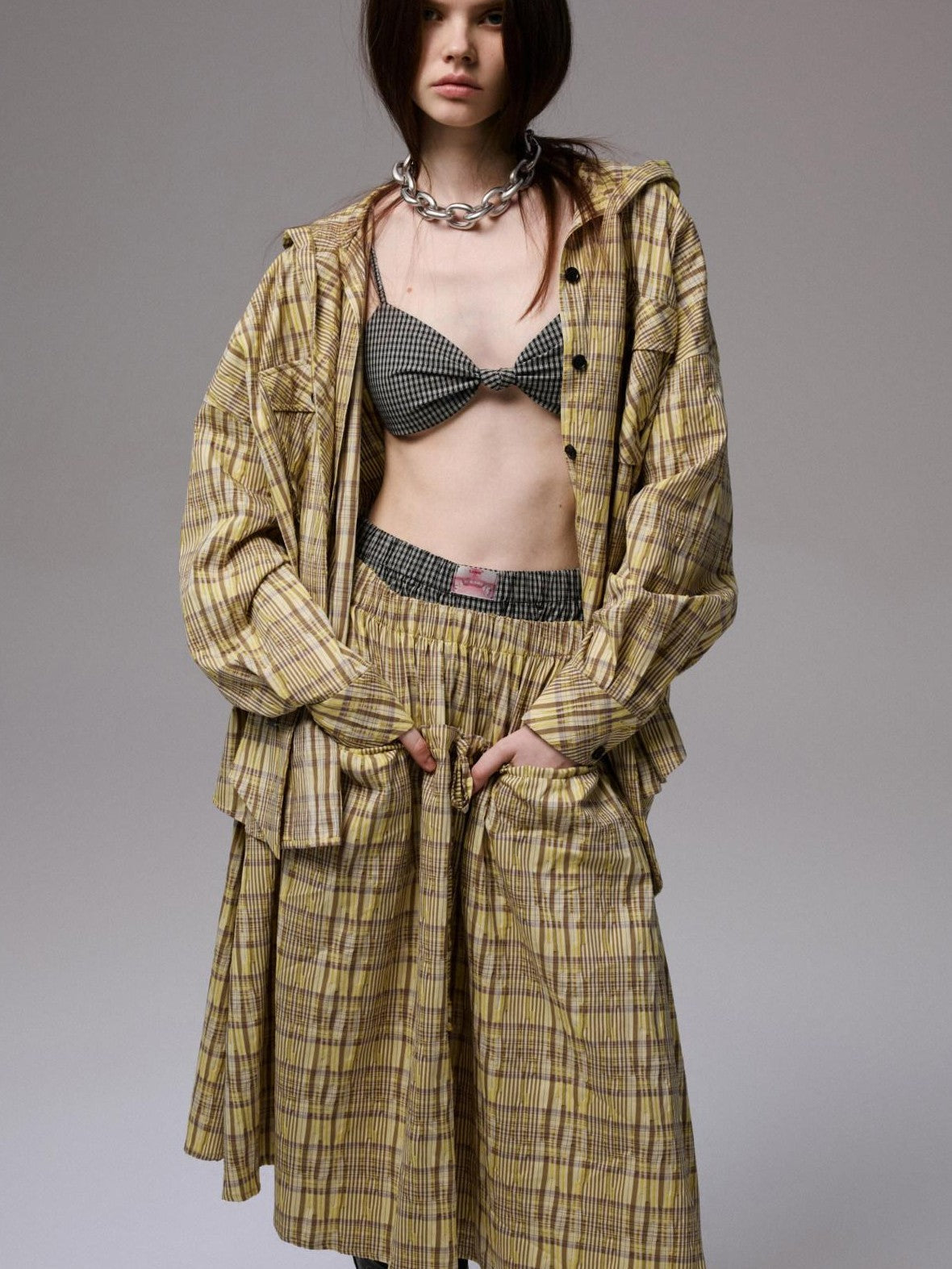 Retro Colorblock Plaid Knotted Asymmetric Double Cross Wireless Women's Bikinis