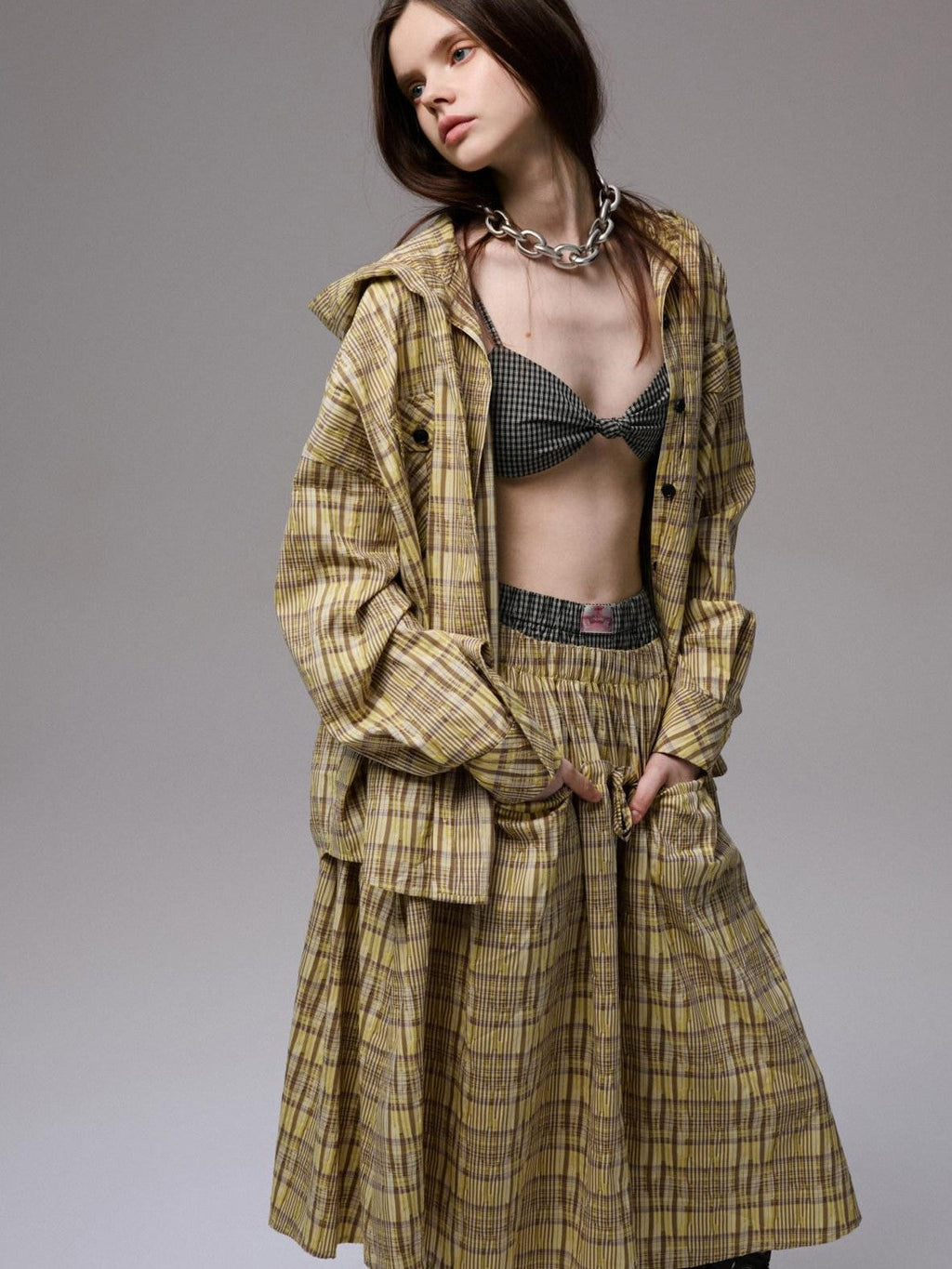 Retro Colorblock Plaid Knotted Asymmetric Double Cross Wireless Women's Bikinis