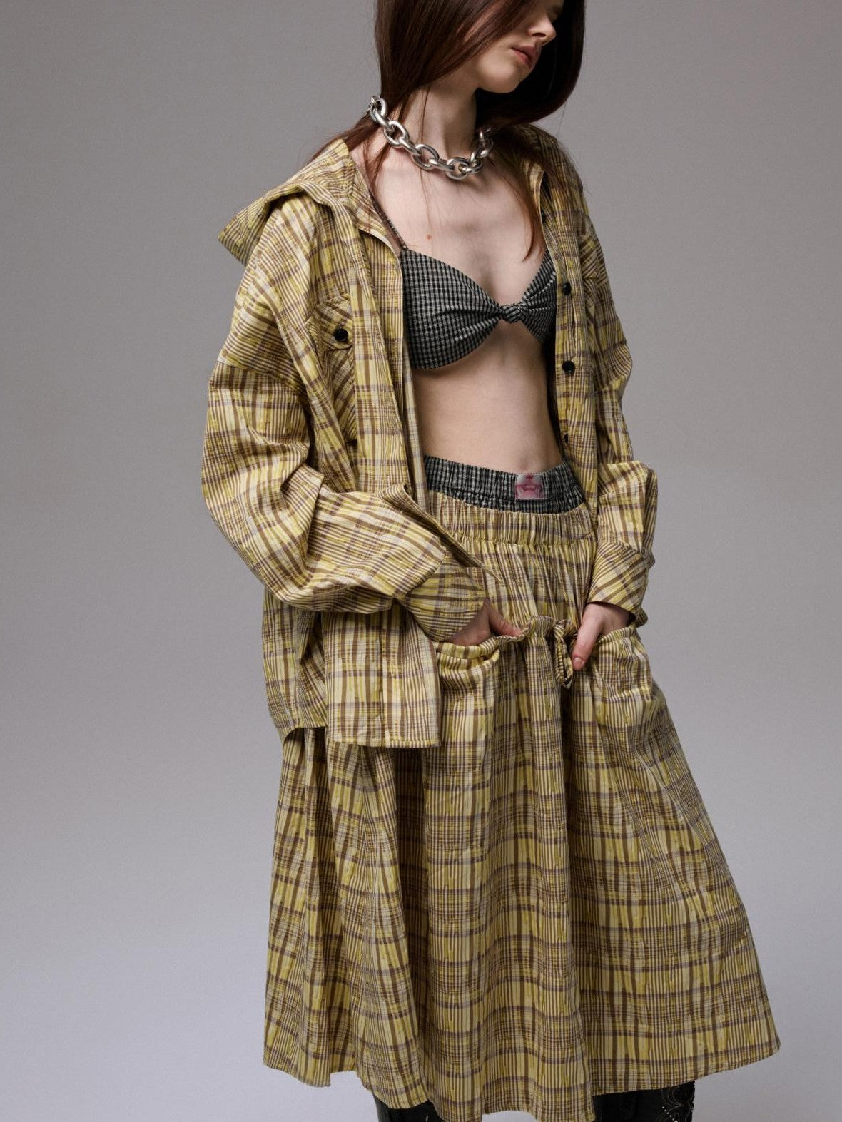 Retro Colorblock Plaid Knotted Asymmetric Double Cross Wireless Women's Bikinis
