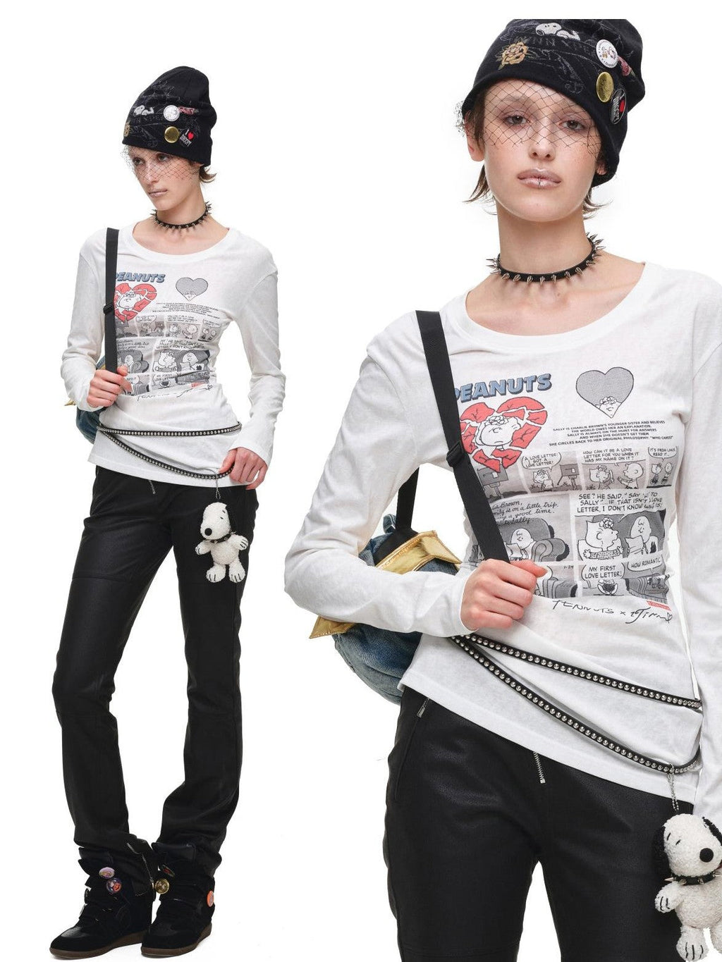 Retro Comic Distressed Cutout Waist Women's Cotton Blend Long Sleeve T-shirts