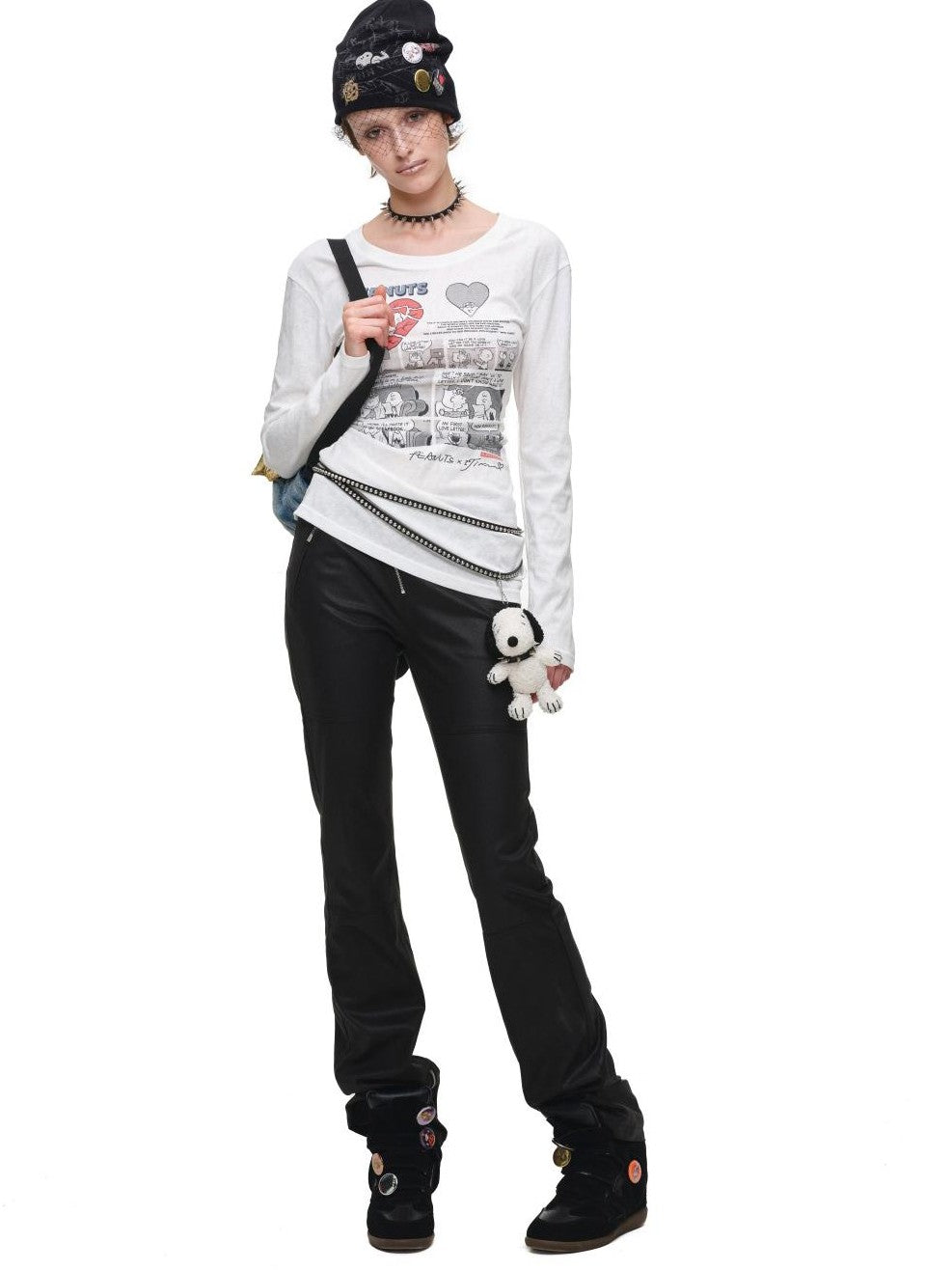 Retro Comic Distressed Cutout Waist Women's Cotton Blend Long Sleeve T-shirts