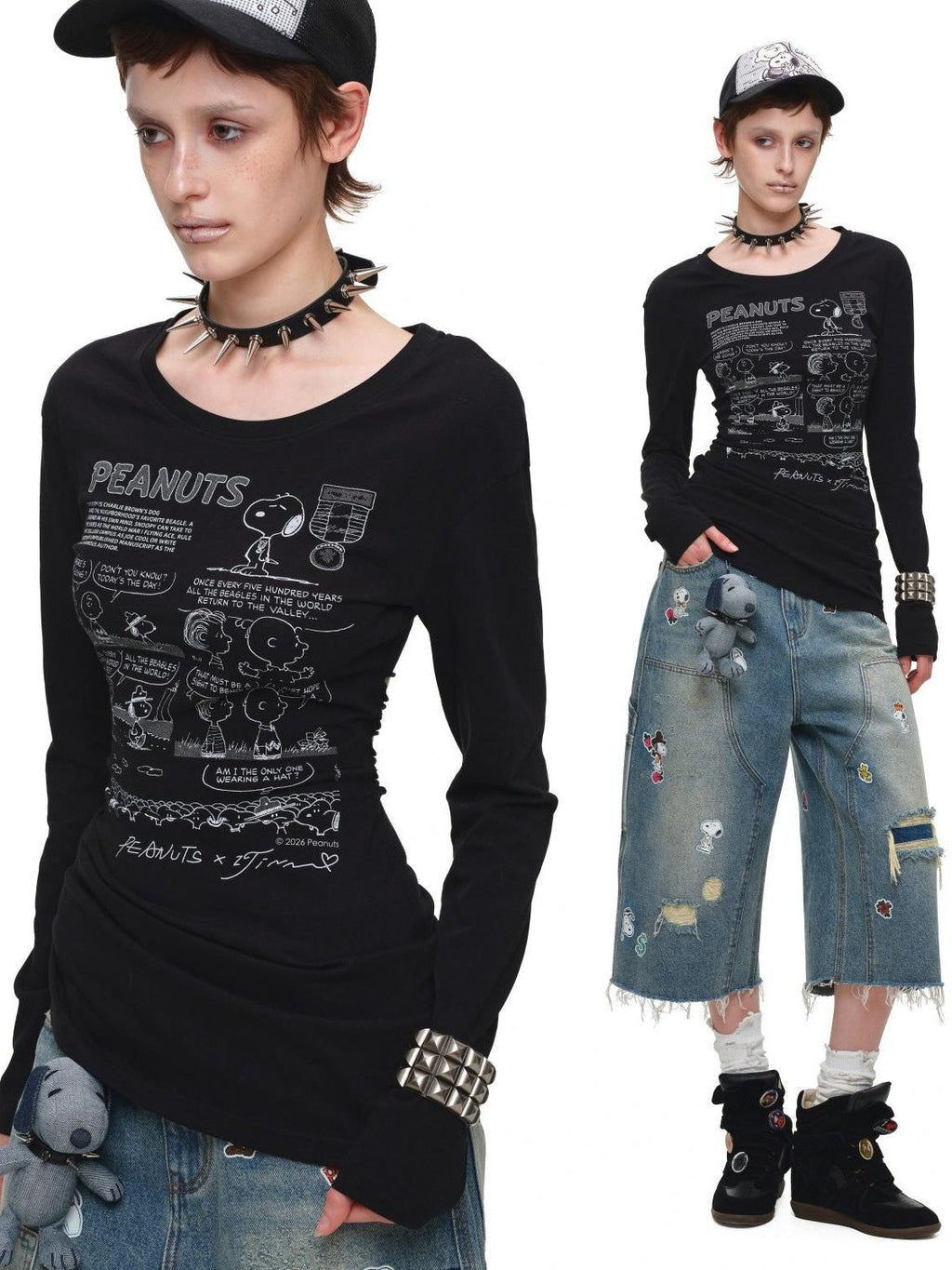 Retro Comic Distressed Cutout Waist Women's Cotton Blend Long Sleeve T-shirts