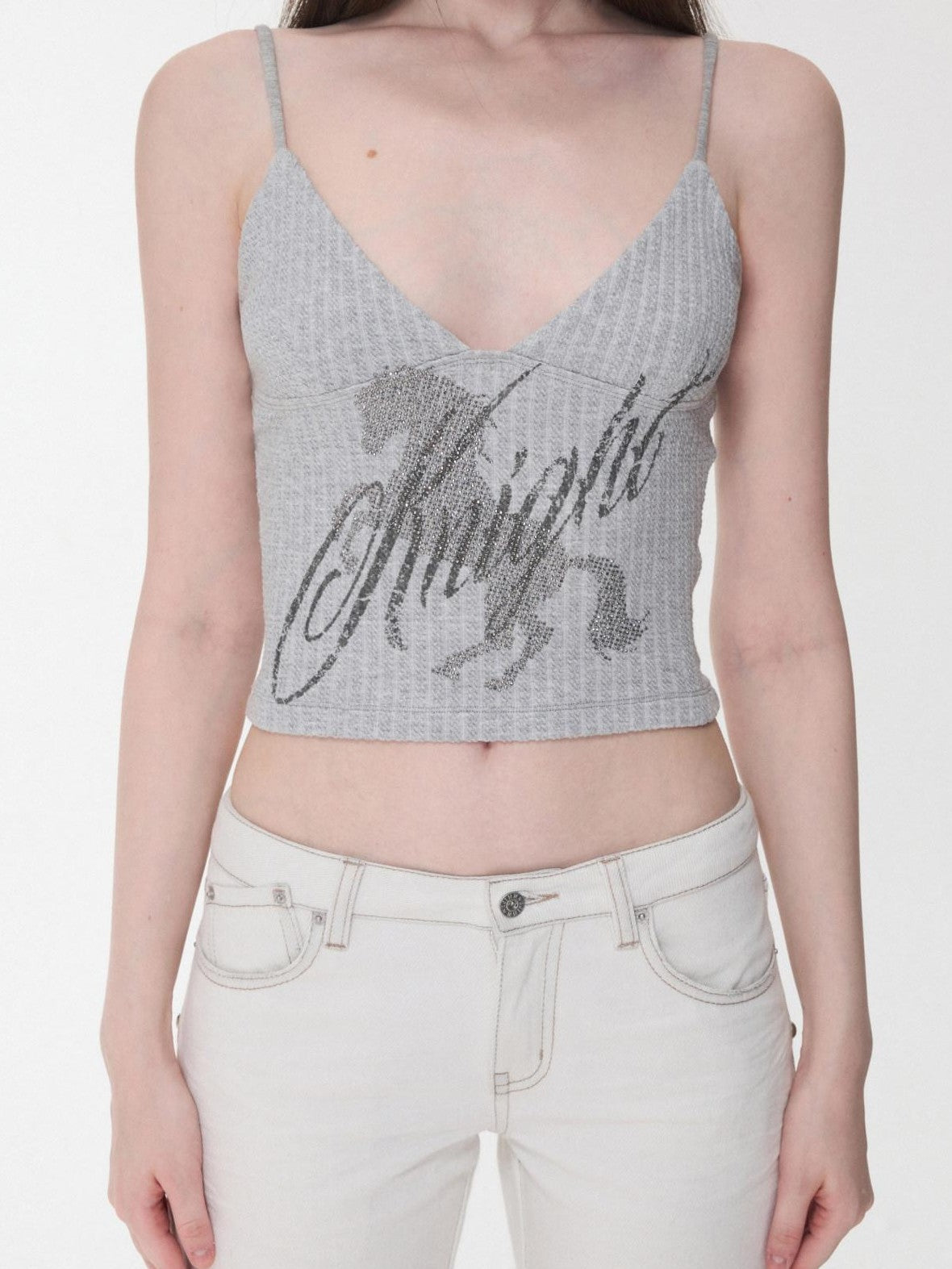 Rhinestone Equestrian Horse Print Women's Cable Knit Camisoles