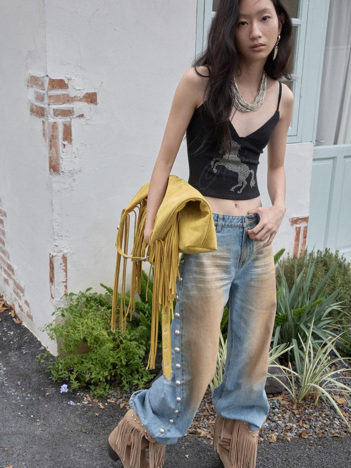 Rhinestone Equestrian Horse Print Women's Cable Knit Camisoles