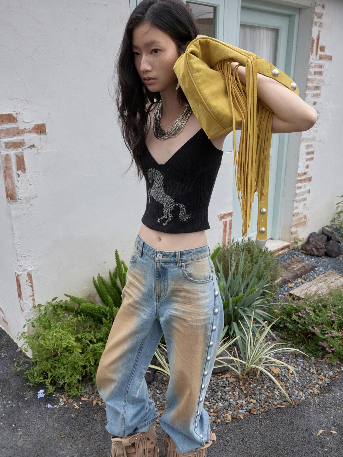 Rhinestone Equestrian Horse Print Women's Cable Knit Camisoles