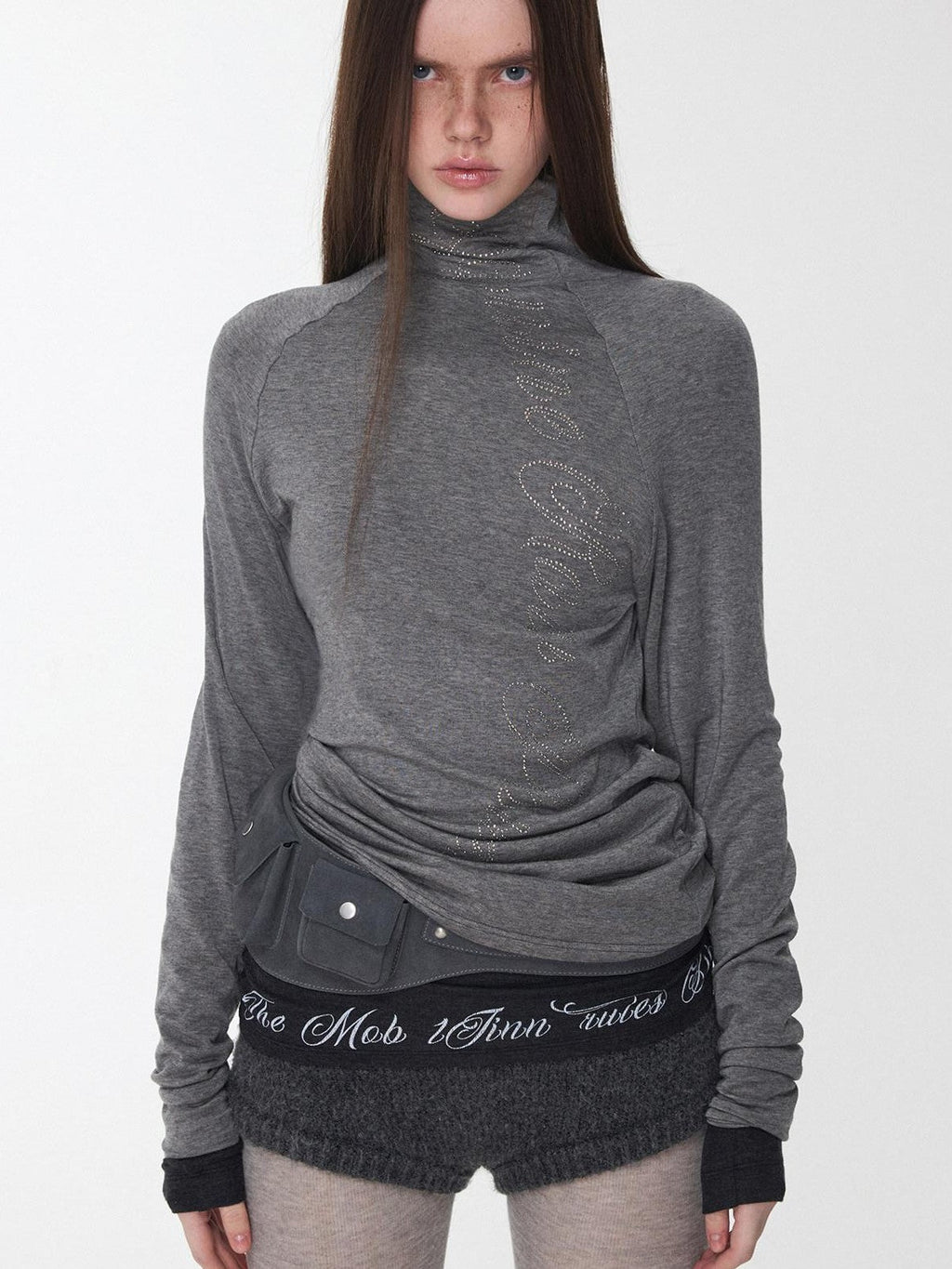 Rhinestone High Neck Raglan Sleeve Women's Slimming Long Sleeve T-shirts