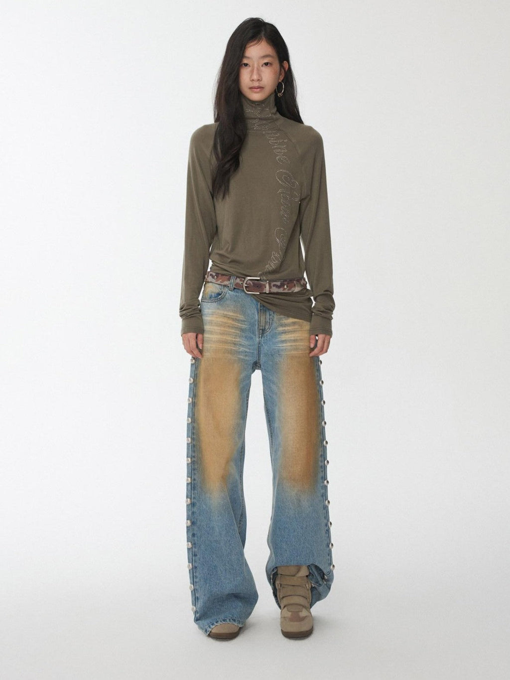 Rhinestone High Neck Raglan Sleeve Women's Slimming Long Sleeve T-shirts