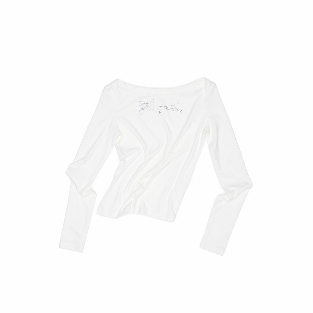 Rhinestone Lettering One Shoulder Women's Slim Fit Long Sleeve T-shirts