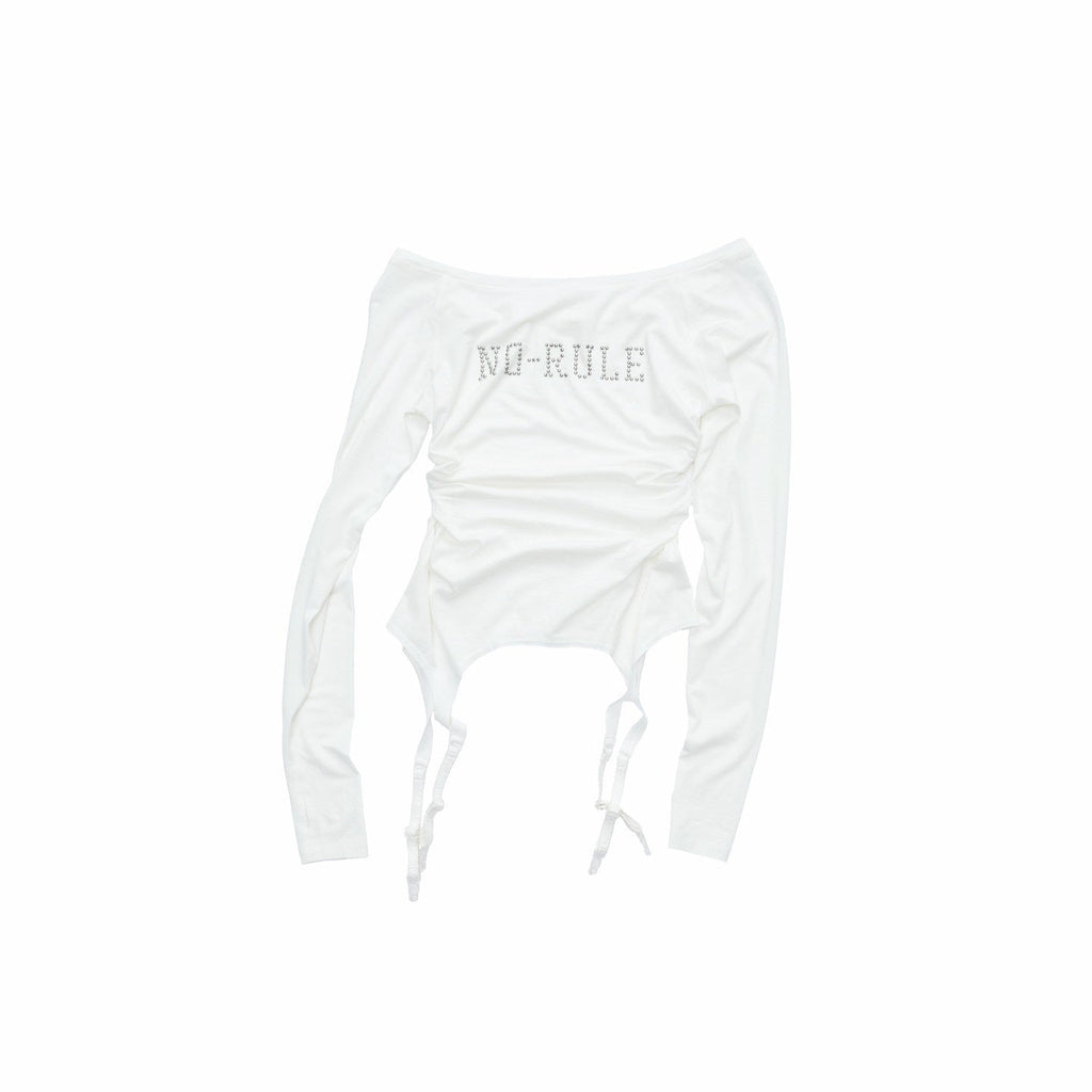 Rhinestone Ruched Boatneck Knit Women's Lyocell Long Sleeve T-shirts