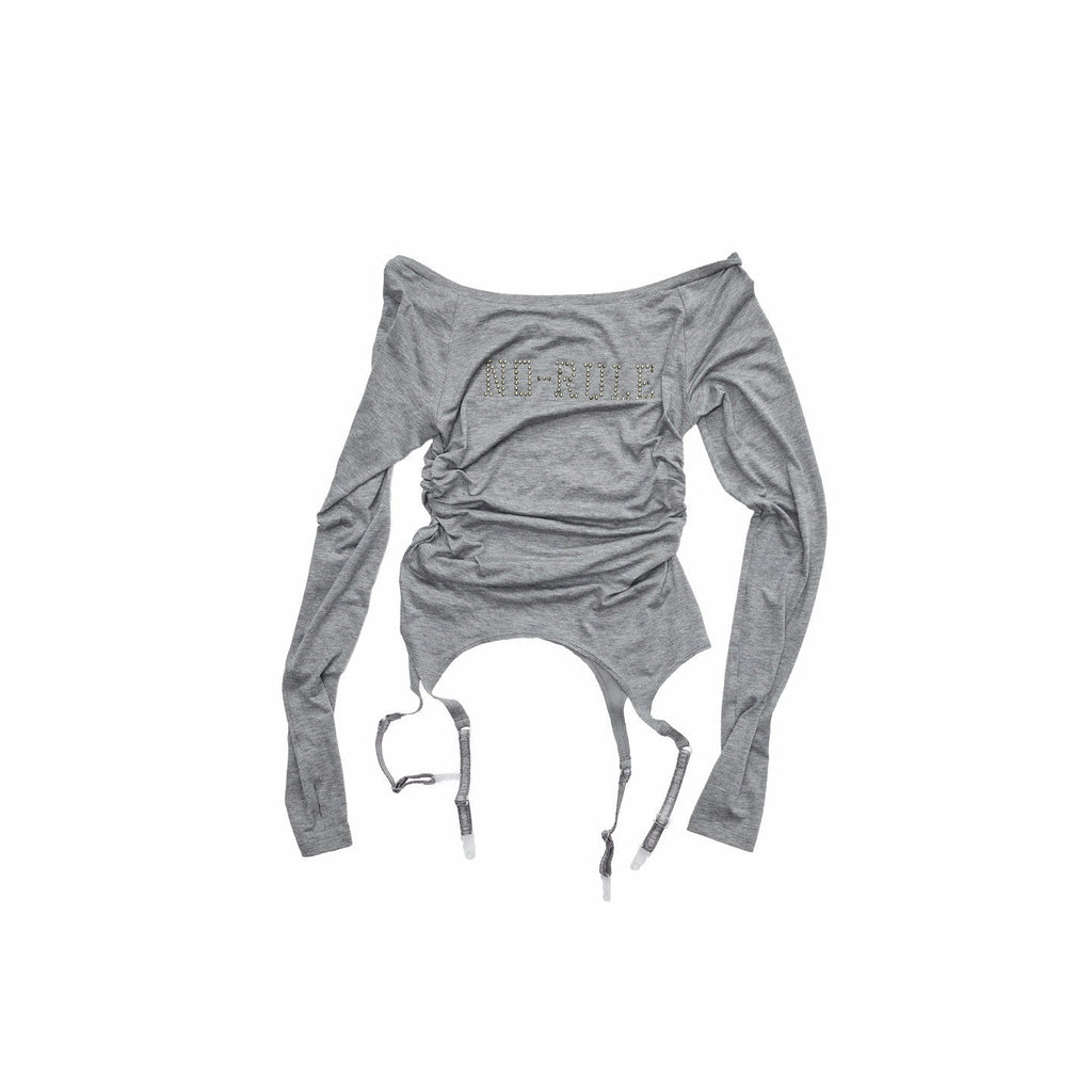Rhinestone Ruched Boatneck Knit Women's Lyocell Long Sleeve T-shirts