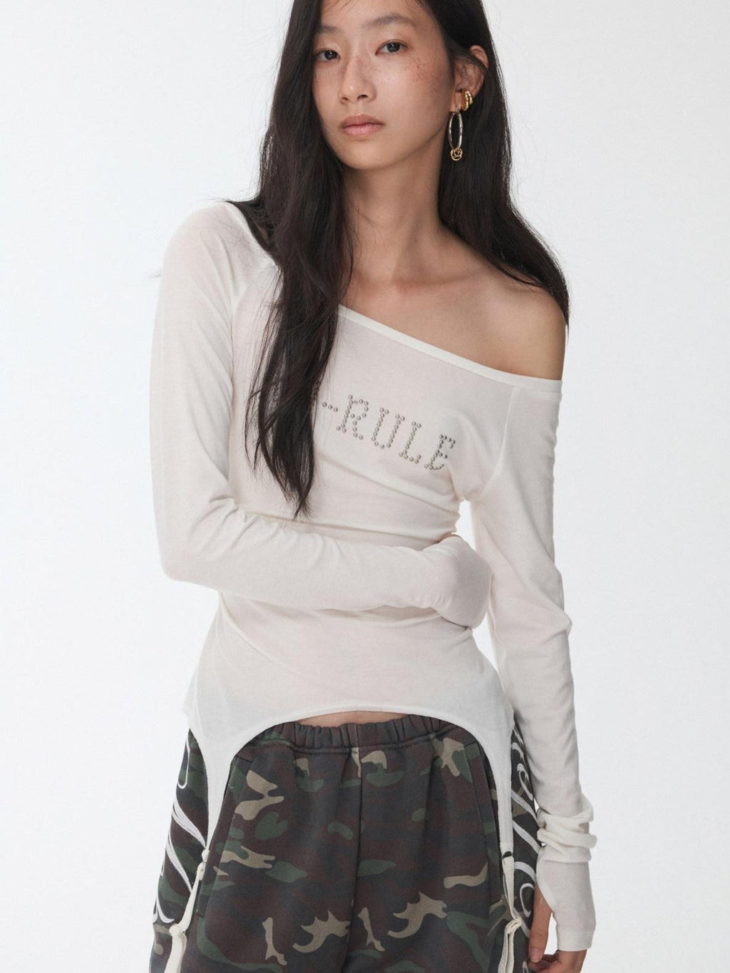 Rhinestone Ruched Boatneck Knit Women's Lyocell Long Sleeve T-shirts