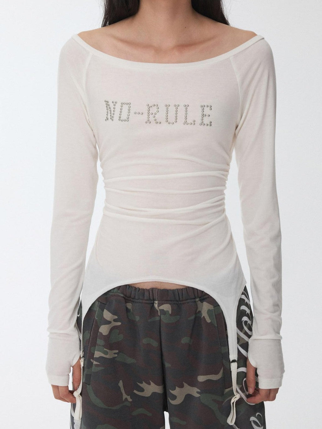 Rhinestone Ruched Boatneck Knit Women's Lyocell Long Sleeve T-shirts