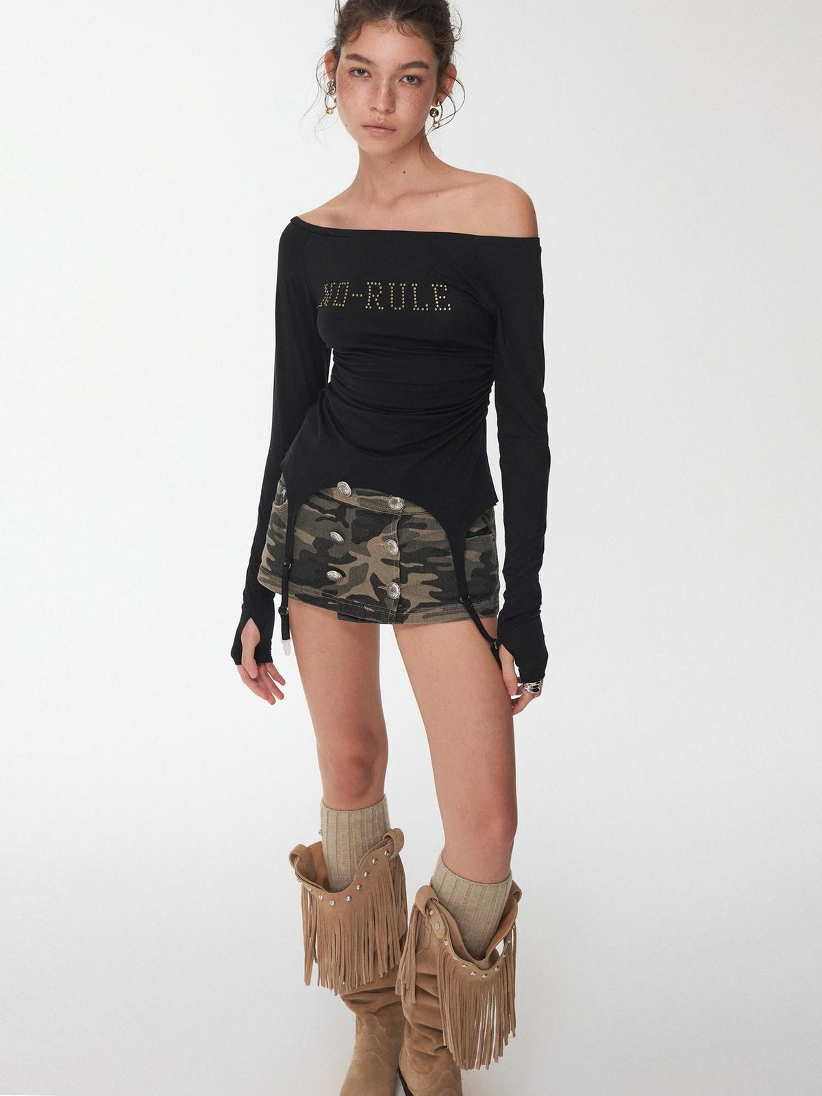 Rhinestone Ruched Boatneck Knit Women's Lyocell Long Sleeve T-shirts
