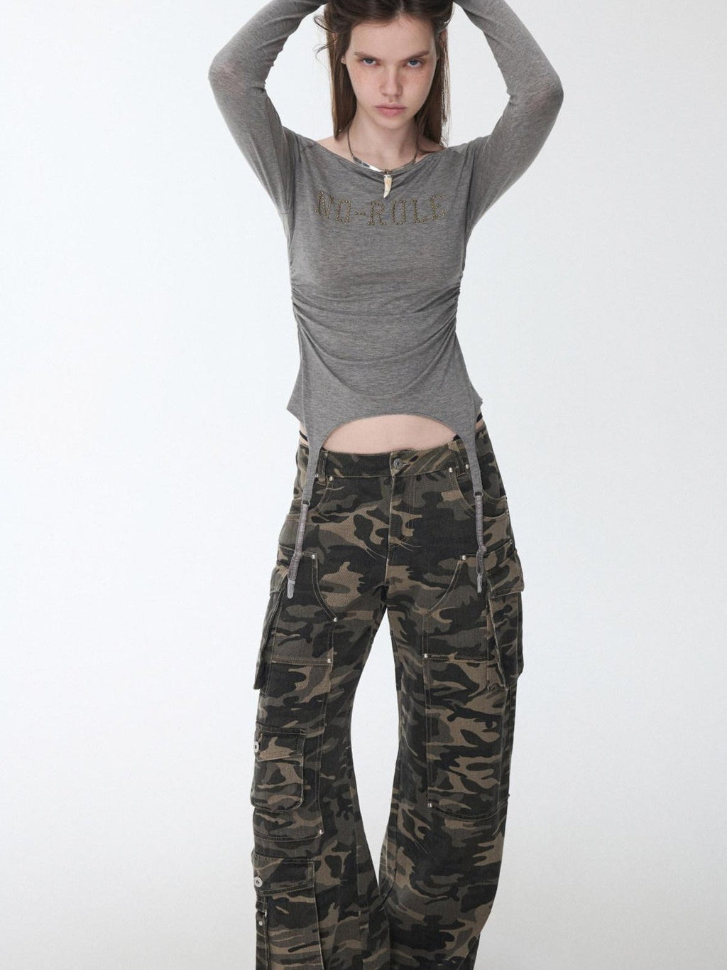 Rhinestone Ruched Boatneck Knit Women's Lyocell Long Sleeve T-shirts