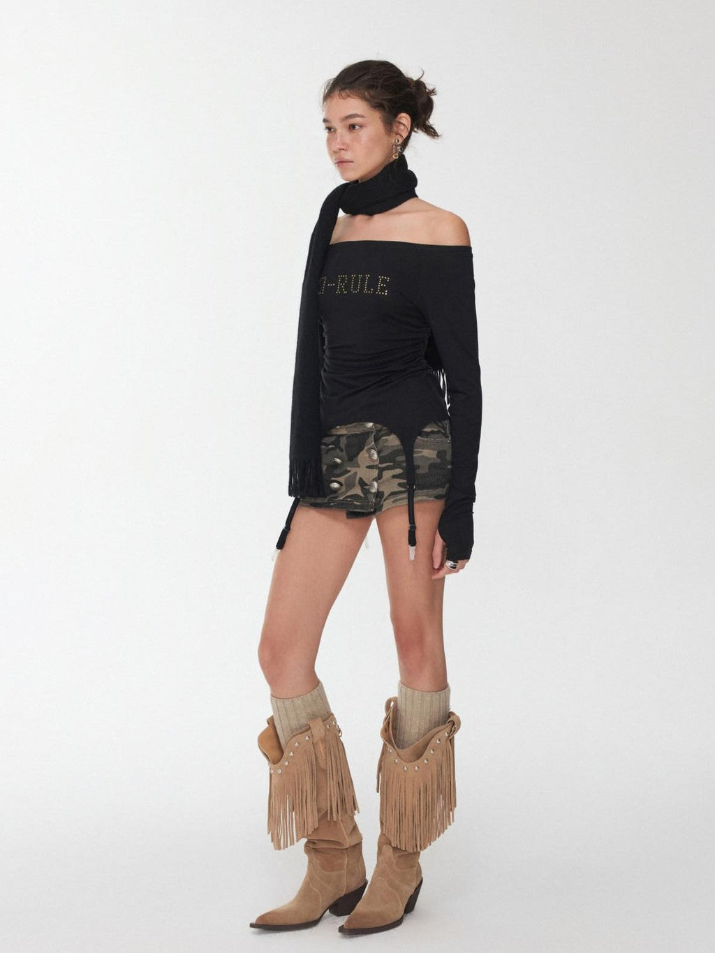 Rhinestone Ruched Boatneck Knit Women's Lyocell Long Sleeve T-shirts