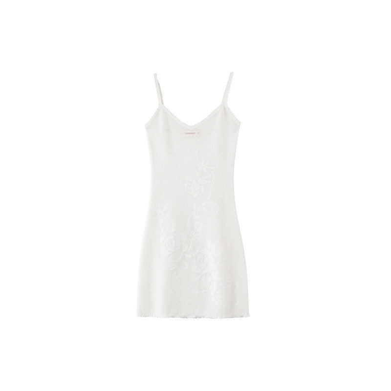 Rose Floral Knitted Cutout Shimmer V-neck Waist Cinch Women's Slip Mini Dresses