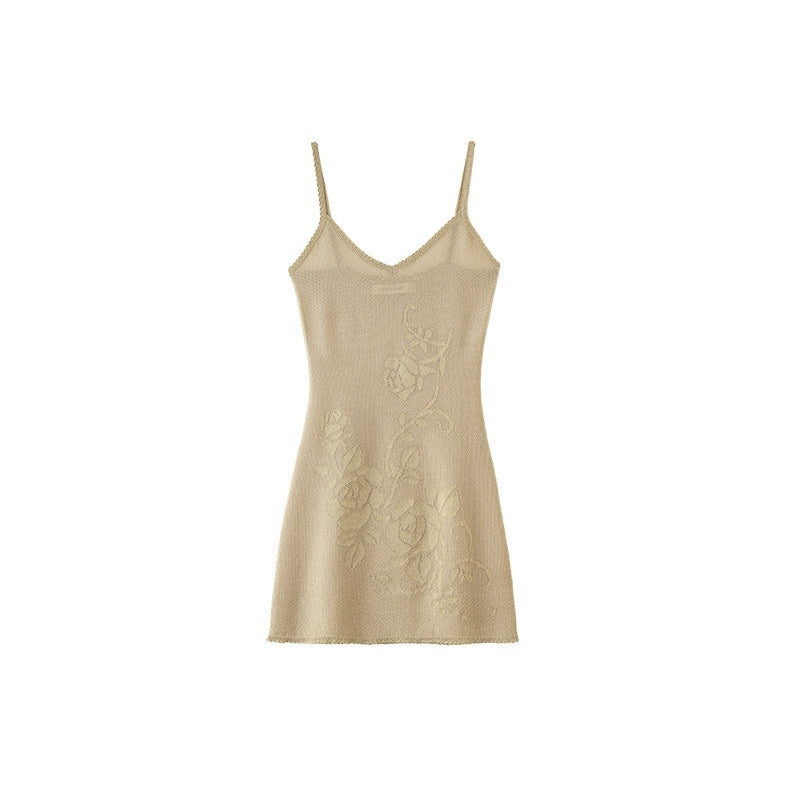 Rose Floral Knitted Cutout Shimmer V-neck Waist Cinch Women's Slip Mini Dresses
