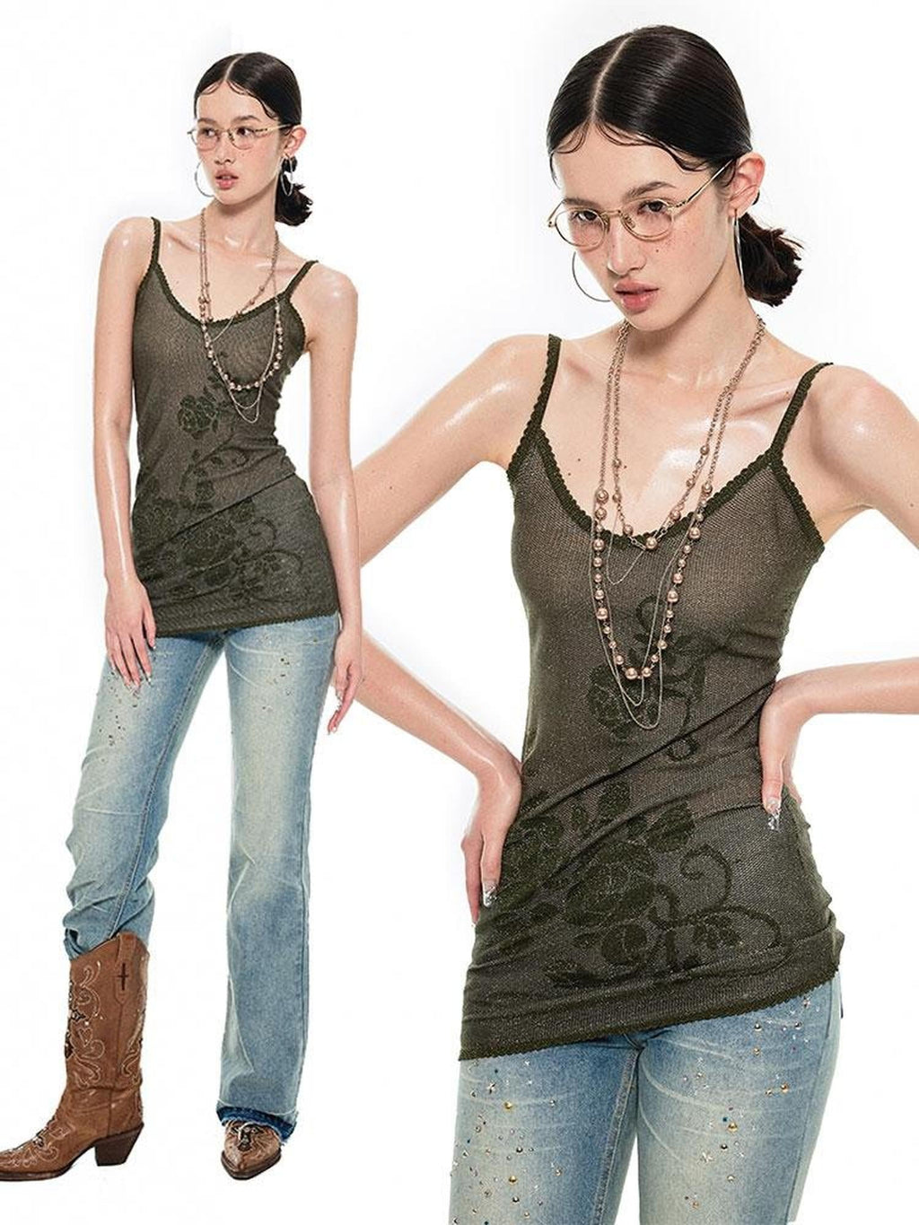 Rose Floral Knitted Cutout Shimmer V-neck Waist Cinch Women's Slip Mini Dresses