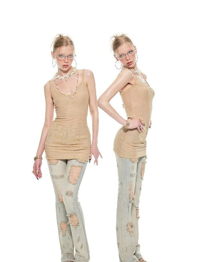 Rose Floral Knitted Cutout Shimmer V-neck Waist Cinch Women's Slip Mini Dresses