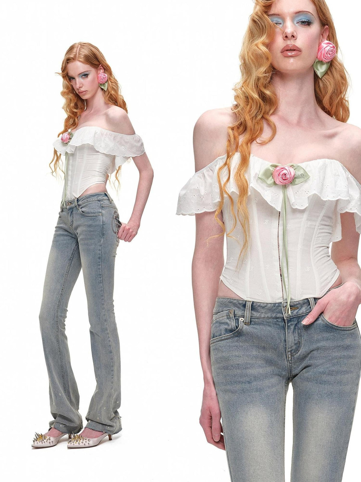Ruffled Off Shoulder Rose Floral Women's Herringbone Jacquard Tube Tops
