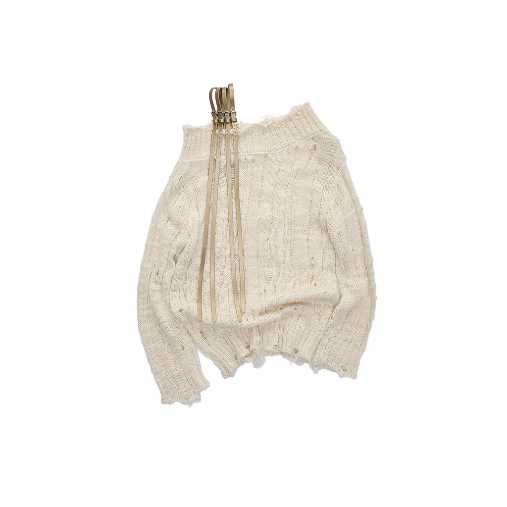 Sexy Off Shoulder Belted Cutout Women's Ribbed Ripped Cable-knit Sweaters