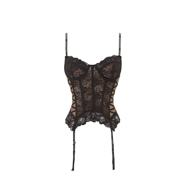 Sheer Boned Underwire Front Button Waist Cutout Women's Lace Camisoles