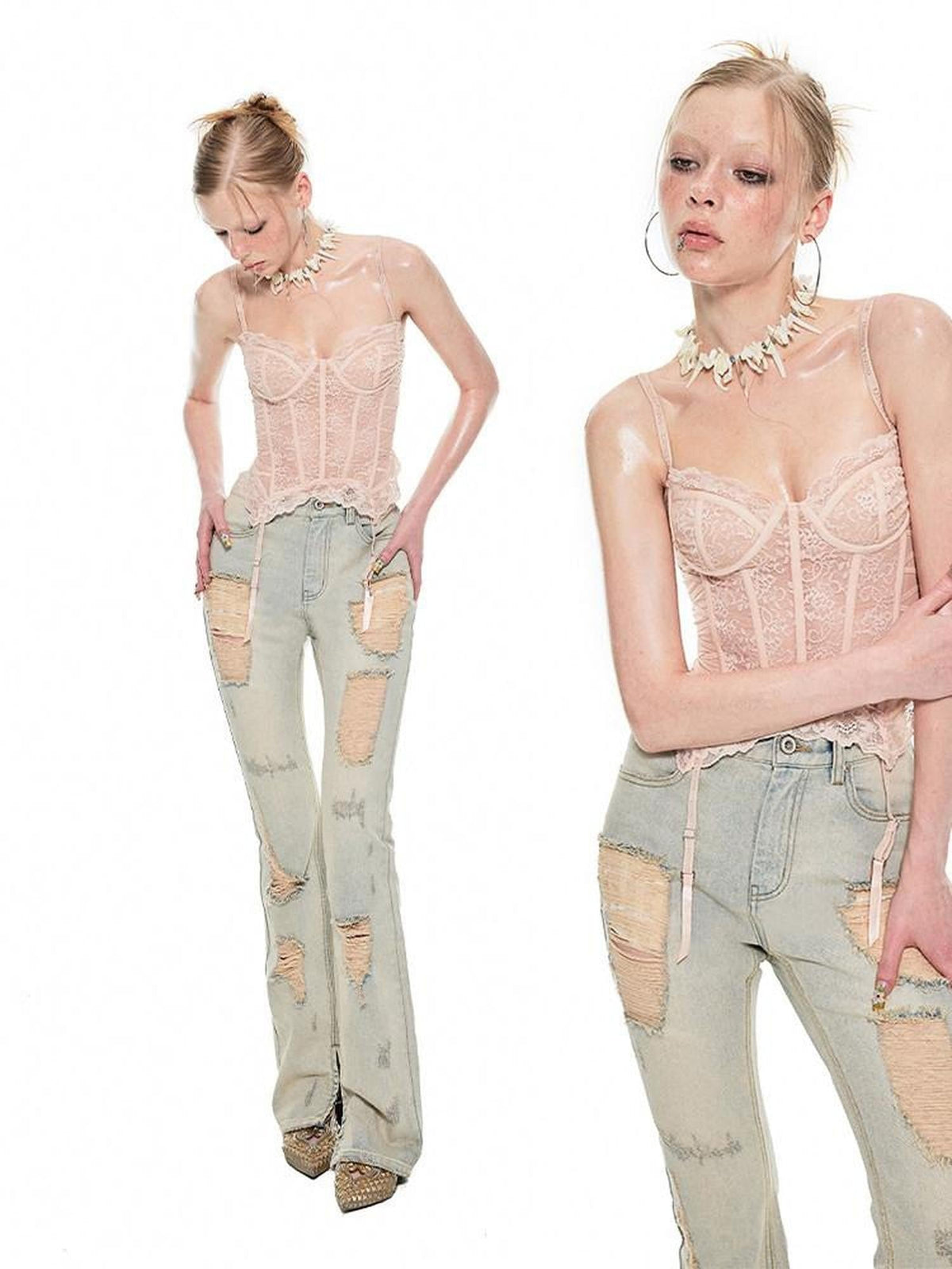 Sheer Boned Underwire Front Button Waist Cutout Women's Lace Camisoles