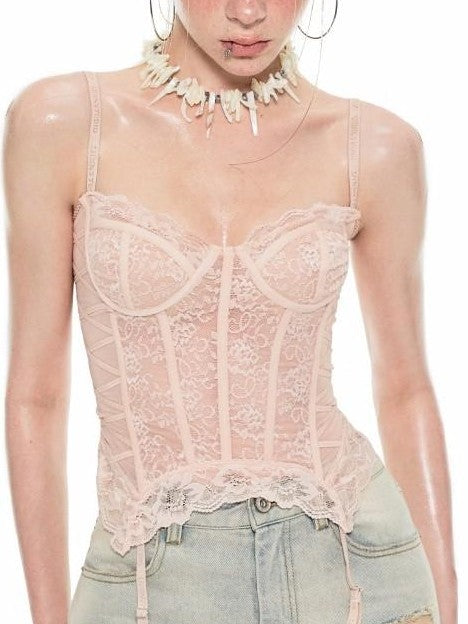 Sheer Boned Underwire Front Button Waist Cutout Women's Lace Camisoles