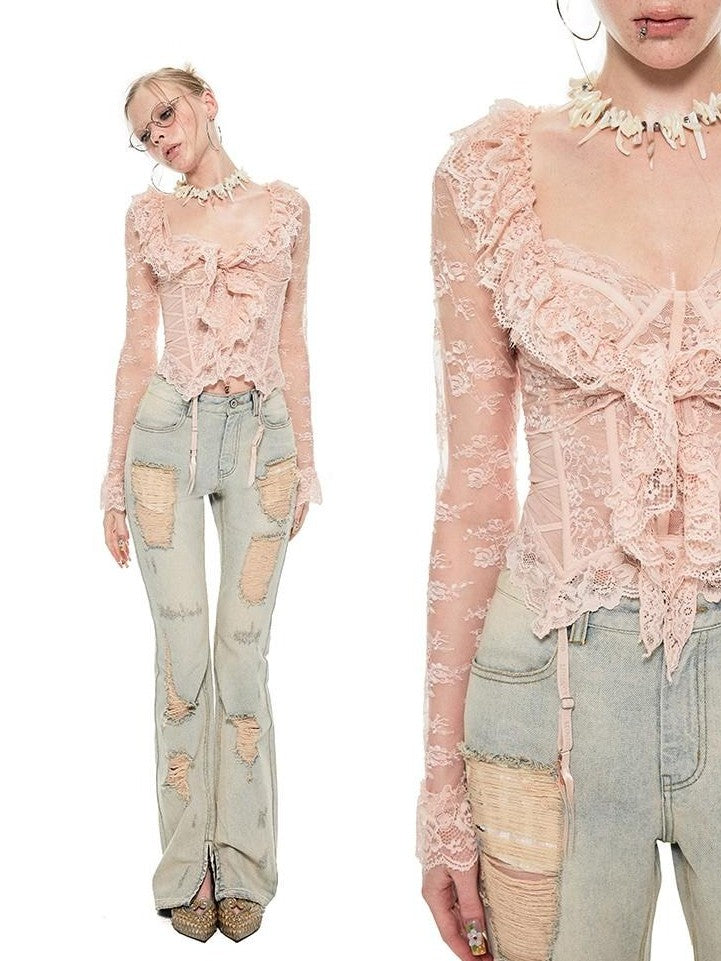 Sheer Boned Underwire Front Button Waist Cutout Women's Lace Camisoles