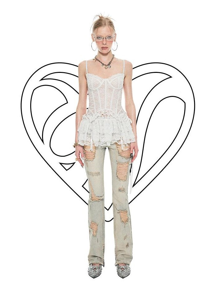 Sheer Boned Underwire Front Button Waist Cutout Women's Lace Camisoles
