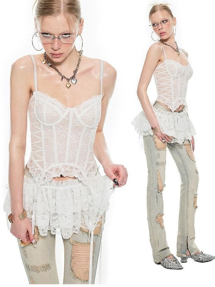 Sheer Boned Underwire Front Button Waist Cutout Women's Lace Camisoles