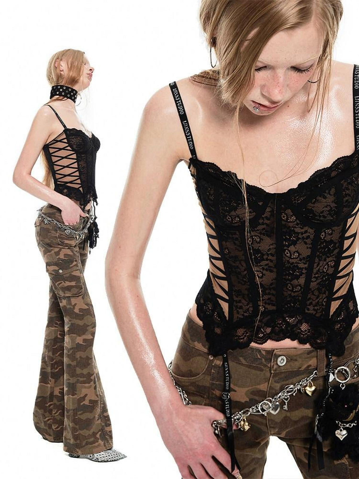 Sheer Boned Underwire Front Button Waist Cutout Women's Lace Camisoles