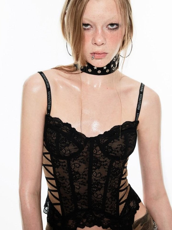 Sheer Boned Underwire Front Button Waist Cutout Women's Lace Camisoles