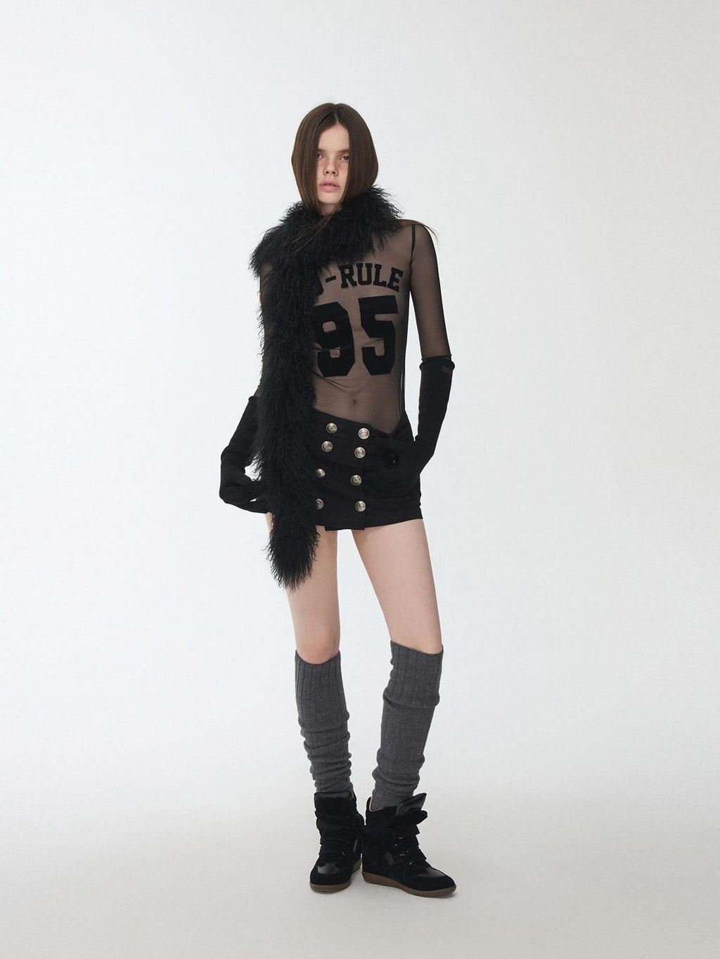 Lightweight Flocked Print High Neck Women's Fitted Mesh Long Sleeve T-shirts