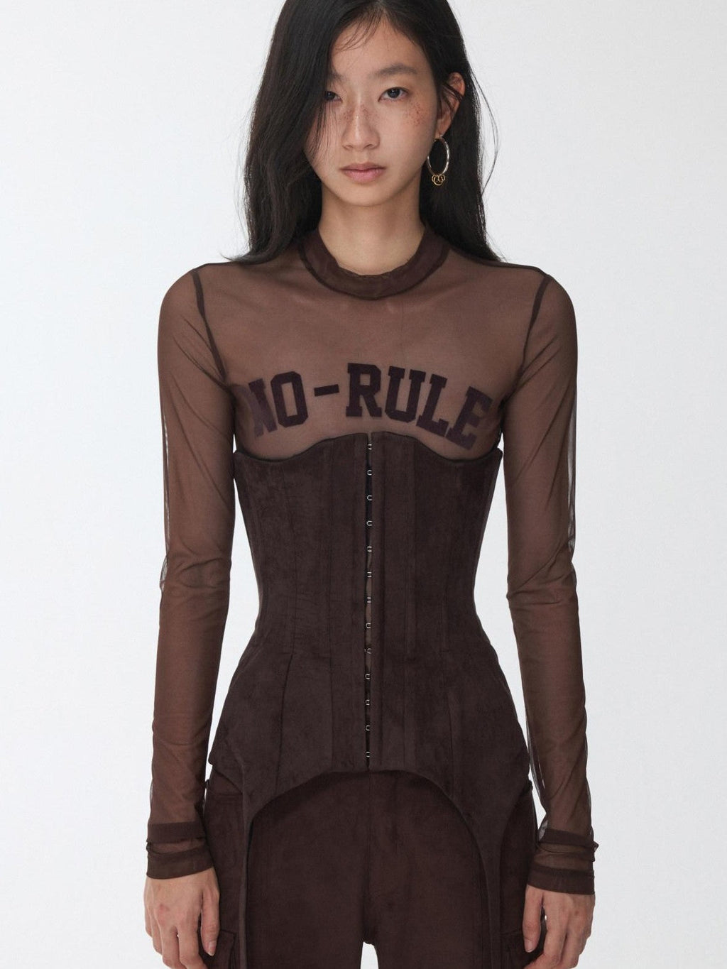Lightweight Flocked Print High Neck Women's Fitted Mesh Long Sleeve T-shirts