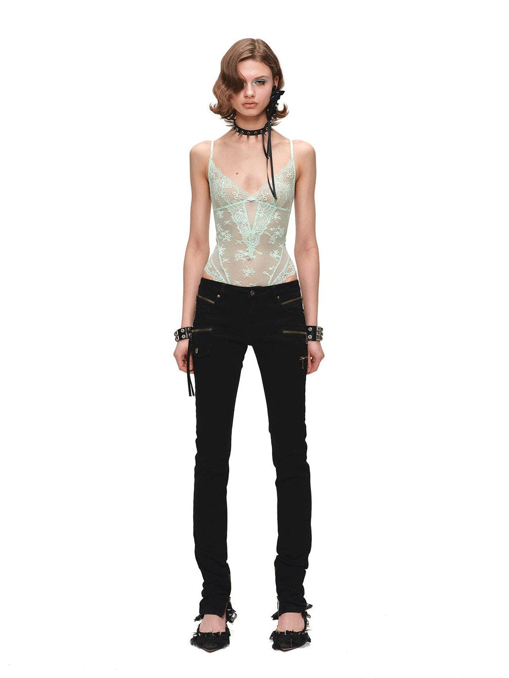 Sheer Lace Mesh Spliced Strappy Bodysuit Women's Lace Camisoles