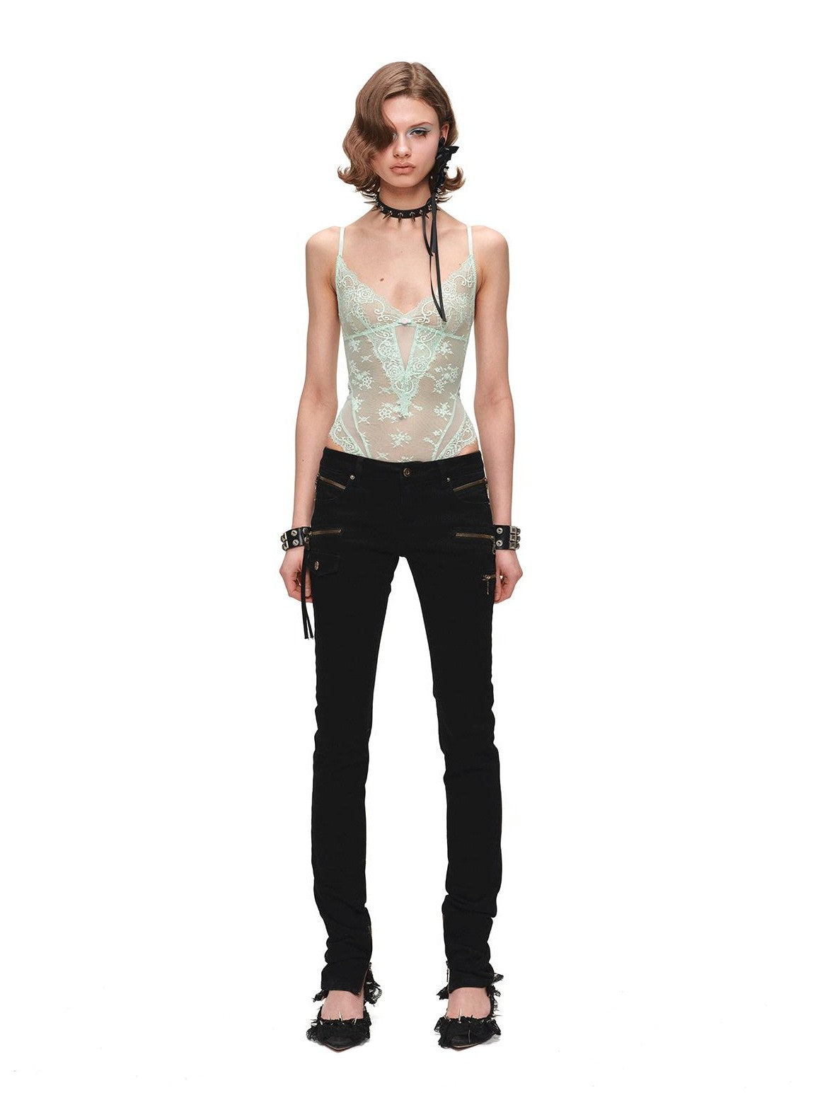 Sheer Lace Mesh Spliced Strappy Bodysuit Women's Lace Camisoles