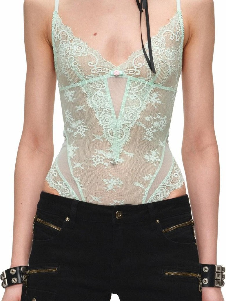 Sheer Lace Mesh Spliced Strappy Bodysuit Women's Lace Camisoles