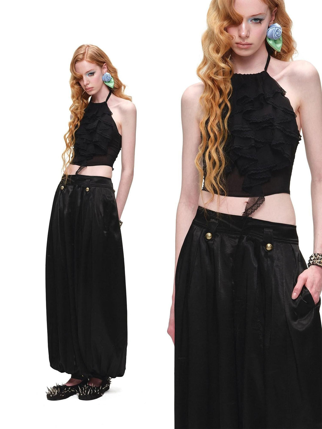 Sheer Open Back Lace Layered Ruffle Women's Chiffon Halter Tops