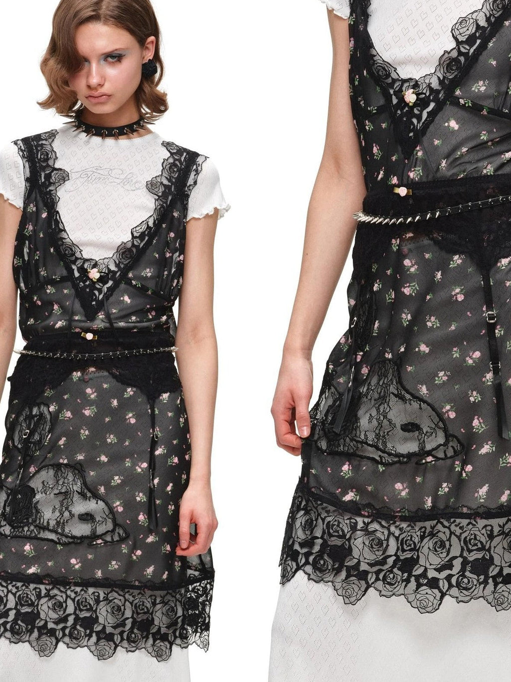 Sheer V-neck Applique Embroidery Layered Women's Lace Casual Midi Dresses