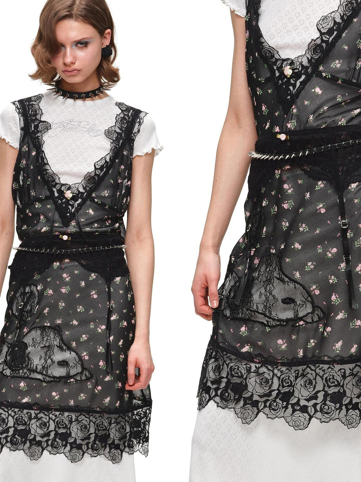 Sheer V-neck Applique Embroidery Layered Women's Lace Casual Midi Dresses