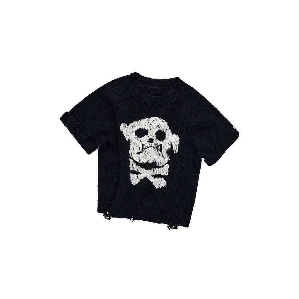 Skull Jacquard Knit Ripped Fitted Punk Women's Cotton Crop Tops