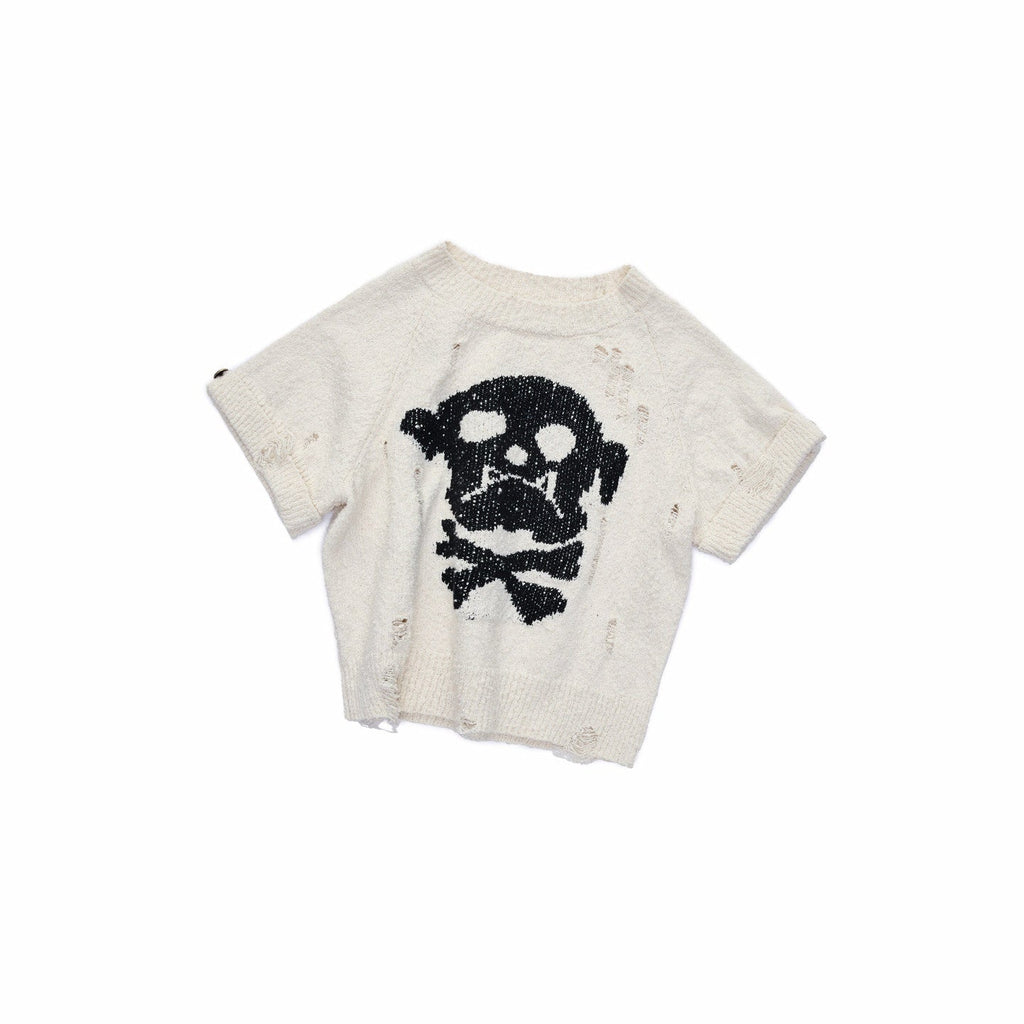 Skull Jacquard Knit Ripped Fitted Punk Women's Cotton Crop Tops