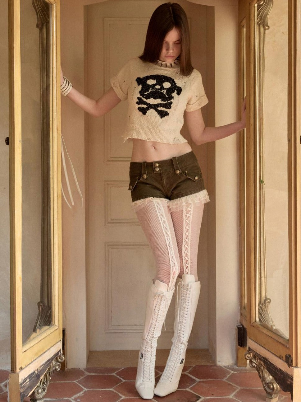 Skull Jacquard Knit Ripped Fitted Punk Women's Cotton Crop Tops